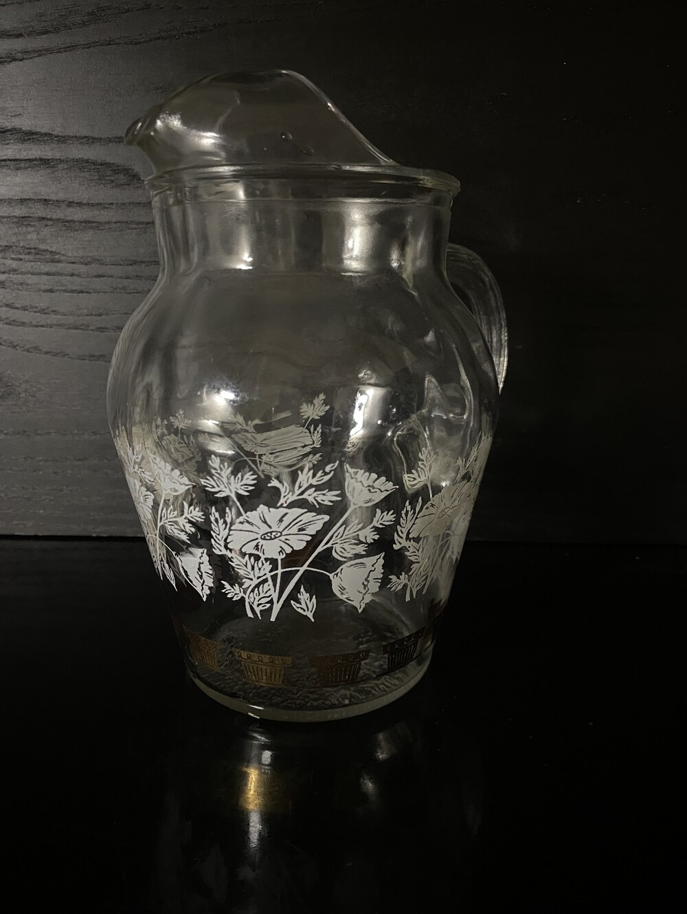 Vintage 1950s Bartlett Collins Glass Pitcher White Flowers and Golden Accents